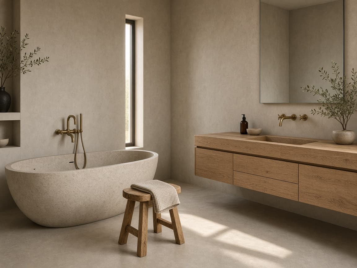 Minimal bathroom in warm micro-cement and oak