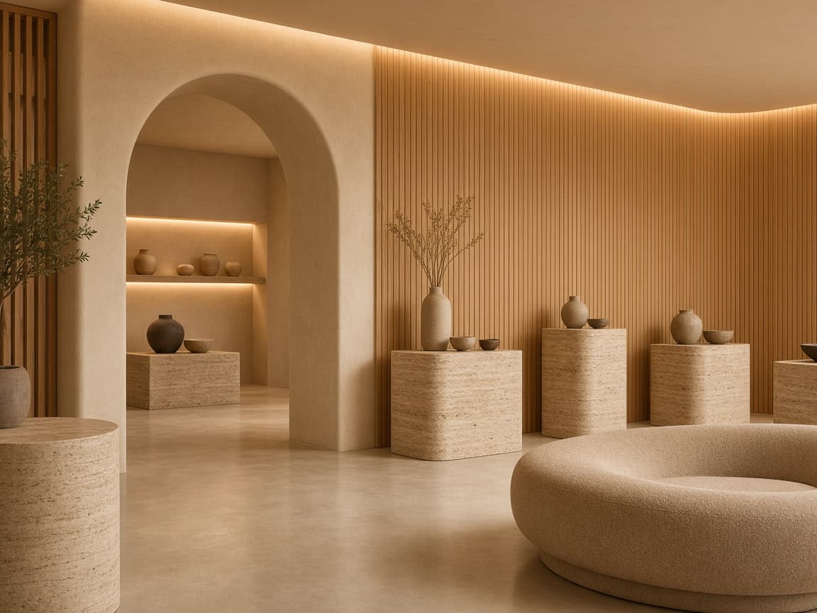 Quarry Lane — A ceramics gallery staged on travertine plinths and plaster arches.