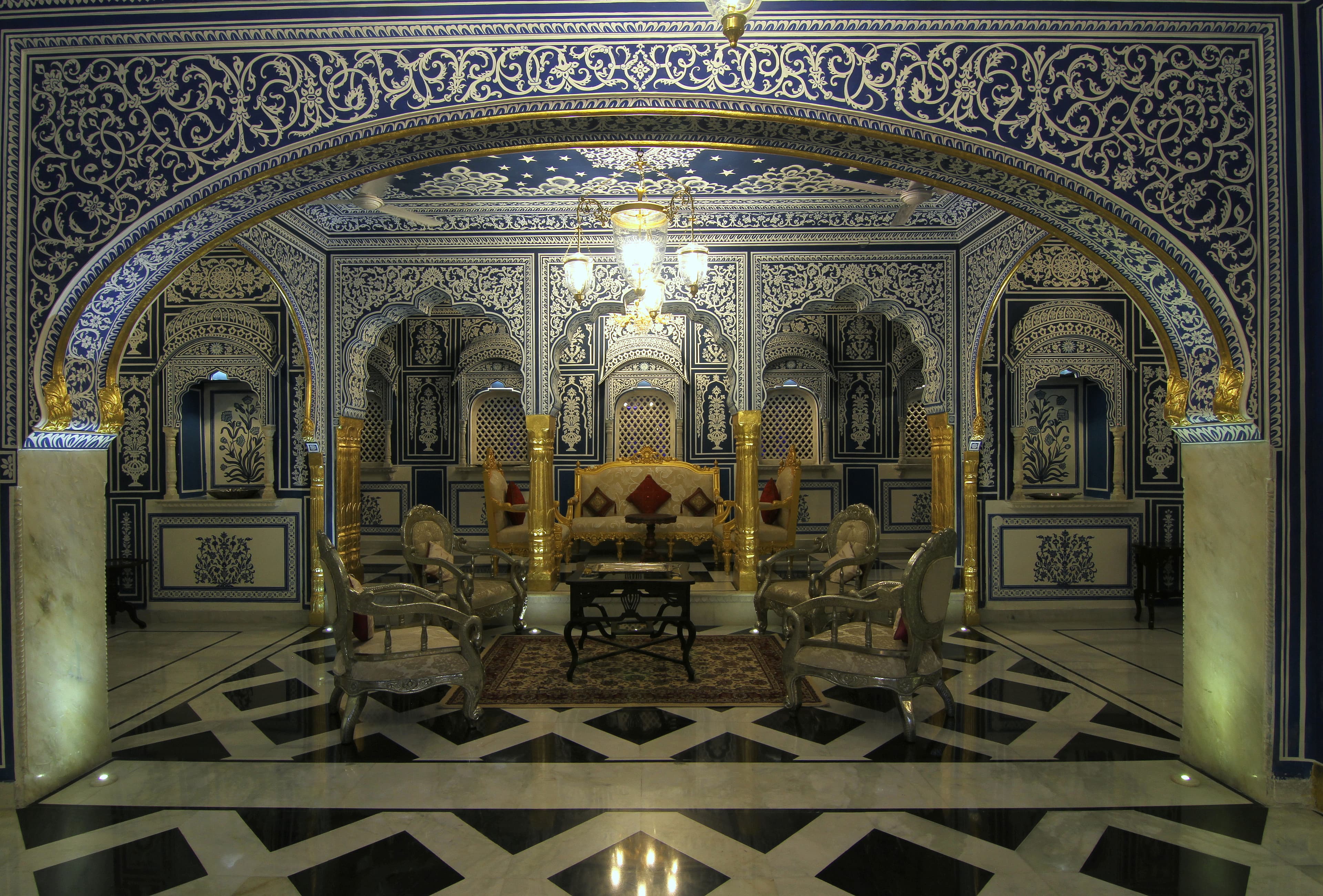Interior hall of Shahpura haveli in Shekhawati with painted walls and arches