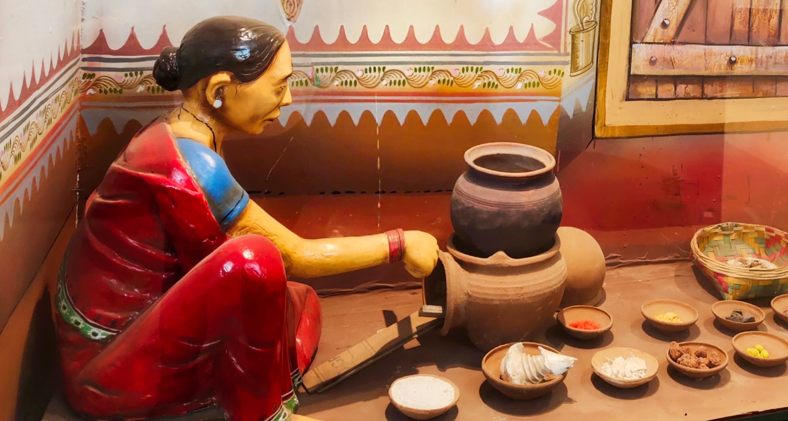 Traditional Indian kitchen with clay stove and earthen cookware