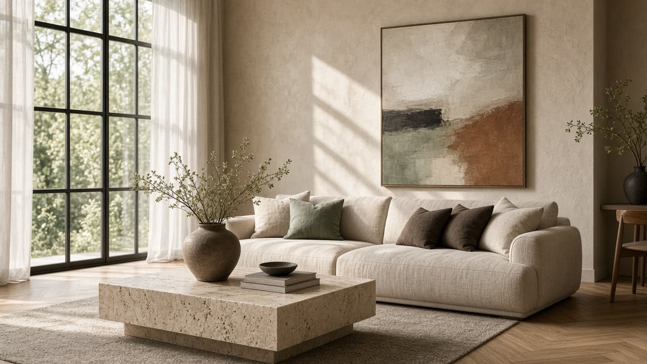 Modern living room with linen sofa, travertine table and warm plaster walls