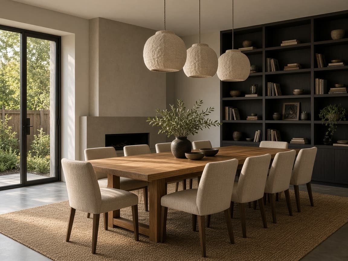Formal dining room with long oak table, built-in library wall and warm pendant lights