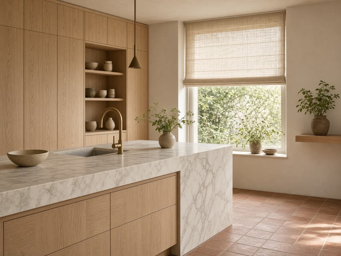 Family kitchen with honed marble island, pale oak cabinetry and brass tapware